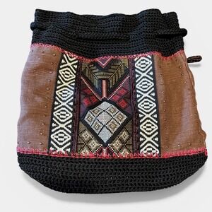The Sak Vintage Crochet Sayulita Drawstring Backpack Bohemian Black Brown